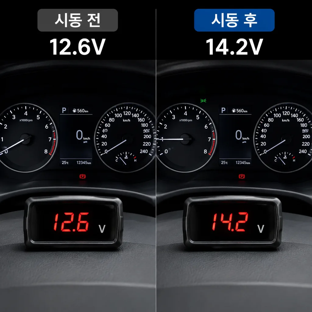 시동 전후 자동차 배터리 전압 비교
