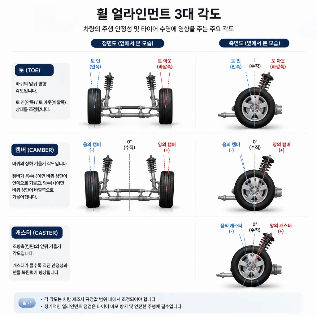 휠 얼라인먼트 비용에 영향을 주는 토 캠버 캐스터 각도