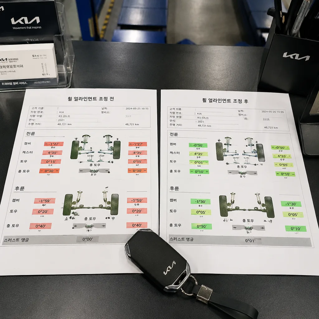 휠 얼라인먼트 조정 전후 수치를 보여주는 출력지