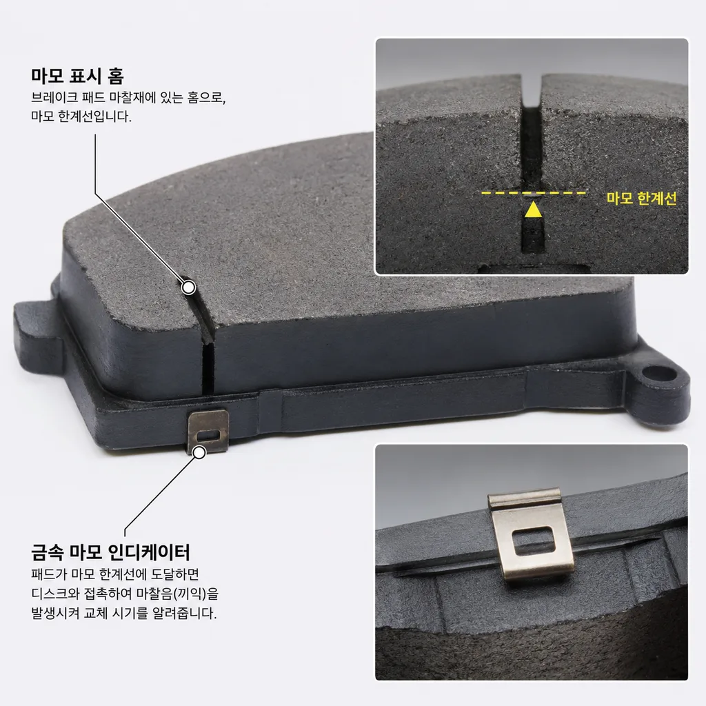 브레이크패드 마모 표시 홈과 금속 인디케이터