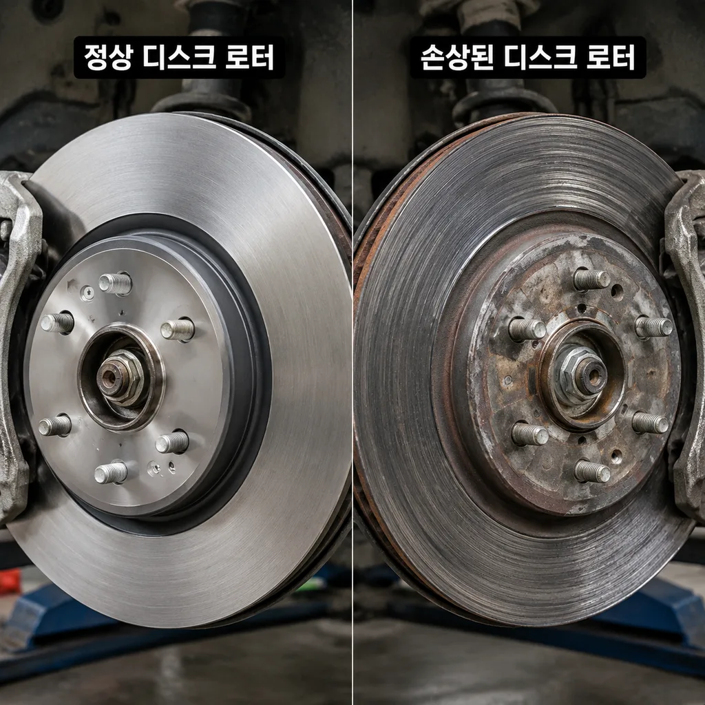 마모된 브레이크패드로 손상된 디스크 로터