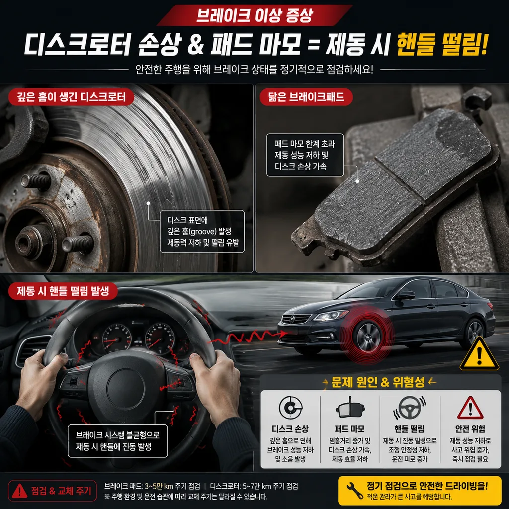 마모된 디스크로터와 브레이크 떨림 증상