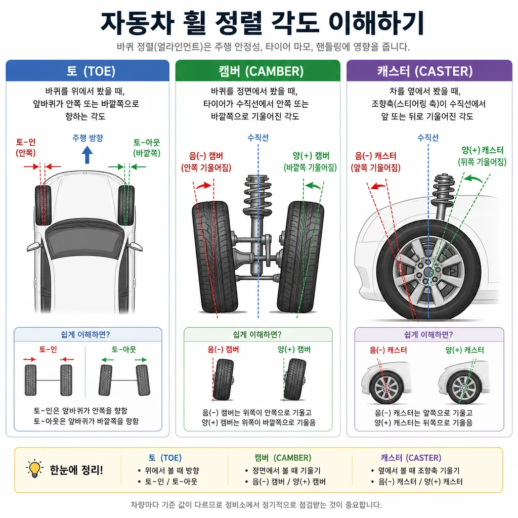 토 캠버 캐스터 얼라인먼트 각도 비교