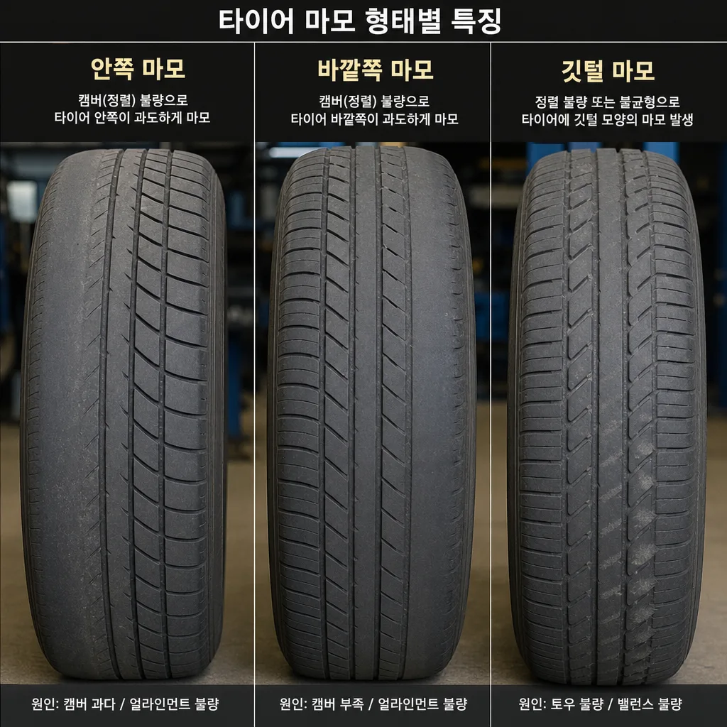 얼라인먼트 불량으로 생기는 타이어 편마모 패턴